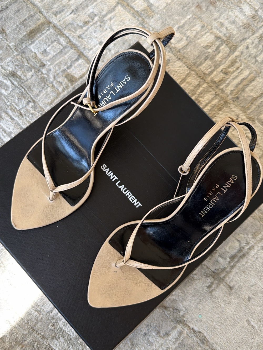 Saint Laurent Beige Strappy Pointed-Toe Slingback Sandals